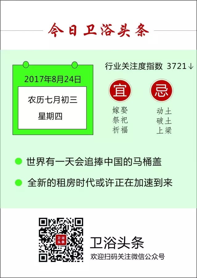 【2017年8月24日】三分钟头条，了解卫浴天下事