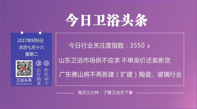 【2017年9月6日】三分钟头条，了解卫浴天下事