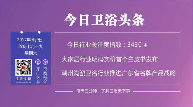【2017年9月9日】三分钟头条，了解卫浴天下事