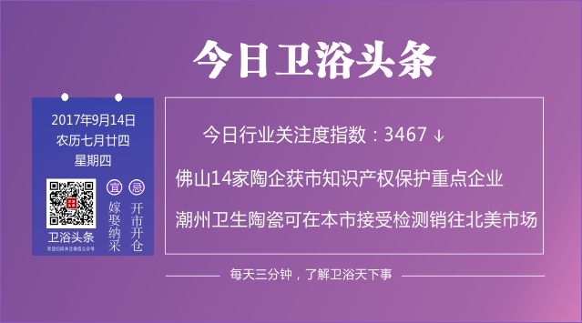 【2017年9月14日】每天三分钟，了解卫浴天下事